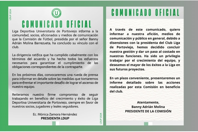 Liga de Portoviejo y Banny Adrián Molina, culminan vínculo a días del Ascenso Nacional