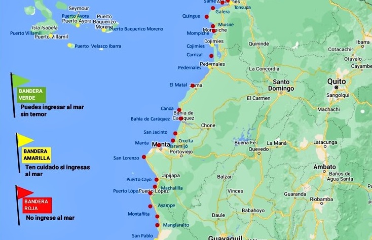 Trece playas de Manabí estarán en alerta máxima hasta la noche de este lunes 22 de julio del 2024 debido a fuertes oleajes.