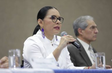 Diana Atamaint, presidente del CNE dialogando sobre las elecciones generales del 2023.