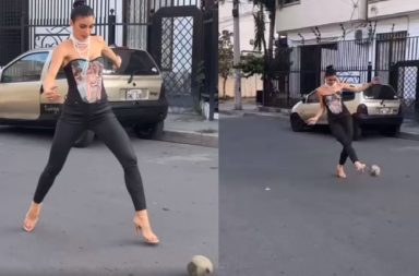 Virginia Limongi, exmiss Ecuador, juega fútbol en tacones